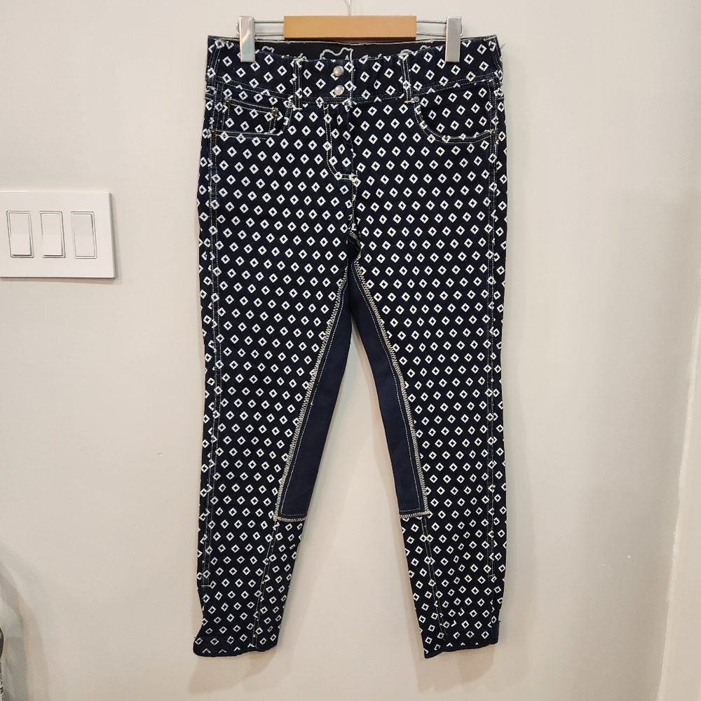 Goode Rider Full Seat Breaches Size 32R Blue Diamond All Over Print Stretch